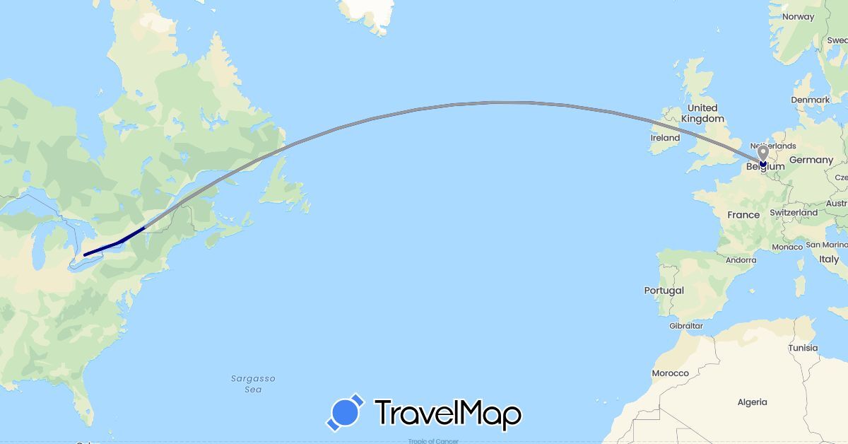 TravelMap itinerary: driving, plane in Belgium, Canada (Europe, North America)